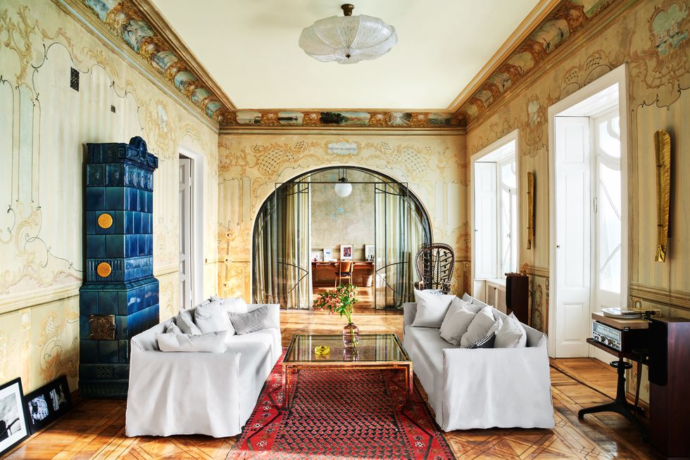 Grand living room with ornate luxury wall art